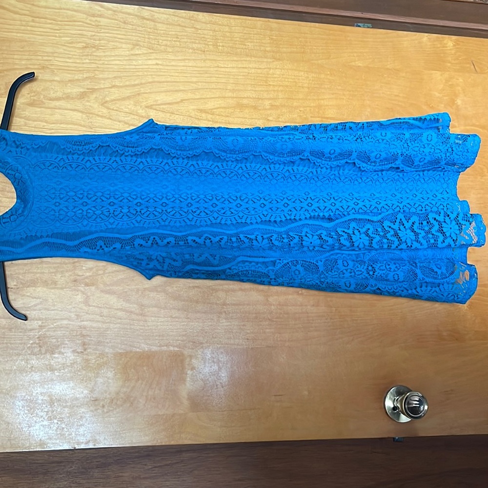 TEAL shift dress size small, satin slip with lace overlay